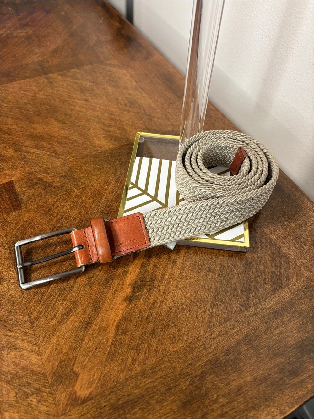 Perry Ellis Beige Woven Belt with Brown Cowhide Leather Trim